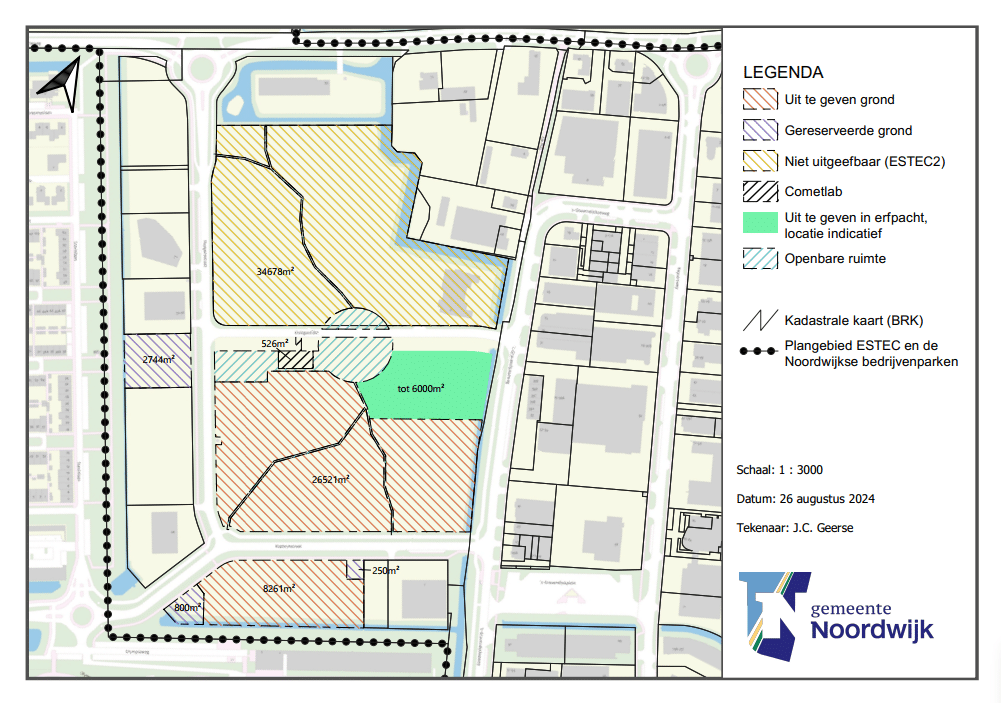 Kaart van het plangebied rond ESTEC en de Noordwijkse bedrijvenparken. De begrenzing van het plangebied is gemarkeerd met een zwarte gestippelde lijn. De percelen zijn weergegeven met verschillende kleuren en patronen die overeenkomen met de legenda: uit te geven grond (34782m²), gereserveerde grond (3794m²), niet‑uitgeefbaar terrein (ESTEC2, 34678m²), het Cometlab (526m²), indicatieve locaties om uit te geven in erfpacht (6000m²) en openbare ruimte.
De schaal is 1:3000, de datum is 26 augustus 2024 en de naam van de tekenaar: J.C. Gerse. Rechtsonder staat het logo van de gemeente Noordwijk.